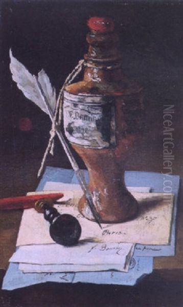 Inkstand, Plume And Letters Oil Painting by Francois Bonvin