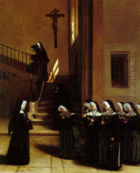 Religieuses Revenant De L'office (nuns Coming Out Of A Religious Service) Oil Painting by Francois Bonvin