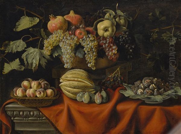 Still Life With Grapes, Peaches, Pomegranates, Apples, Melon And Figs, All On A Marble Ledge Oil Painting by Pietro Paolo Bonzi