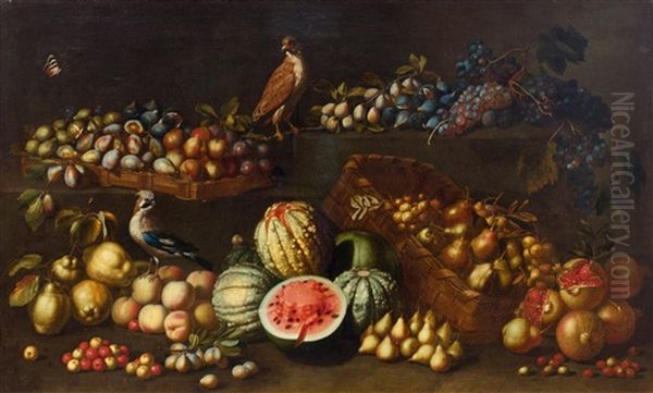 Large Still Life Of Fruits With Birds Oil Painting by Pietro Paolo Bonzi