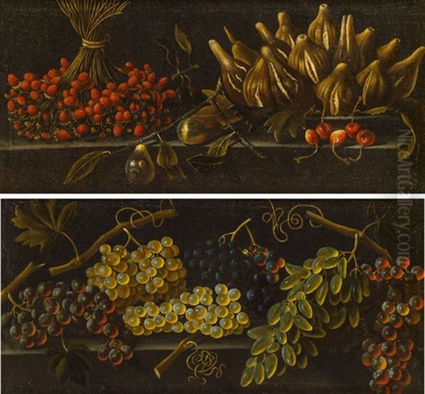 Pendants - Stillleben Mit Trauben & Stillleben Mit Einem Straus Walderdbeeren, Einem Teller Mit Feigen, Birnen Und Kirschen Oil Painting by Pietro Paolo Bonzi