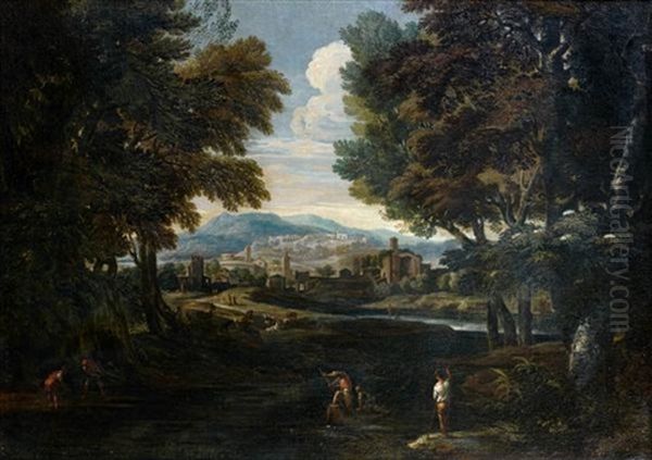 Paysage Anime De Pecheurs A L'oree D'une Ville Oil Painting by Pietro Paolo Bonzi