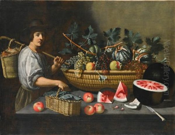 A Still Life Of Grapes, Melons And Pomegranates On A Stone Ledge With A Figure Carrying A Basket On The Left Oil Painting by Pietro Paolo Bonzi