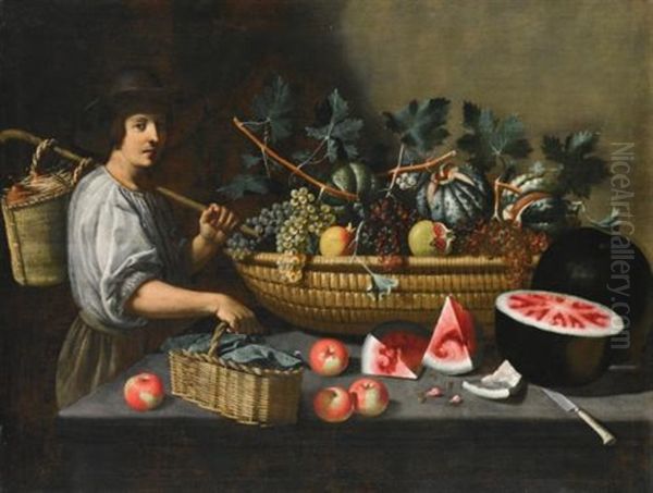 A Still Life Of Grapes, Melons And Pomegranates On A Stone Ledge With A Figure Carrying A Basket On The Left Oil Painting by Pietro Paolo Bonzi