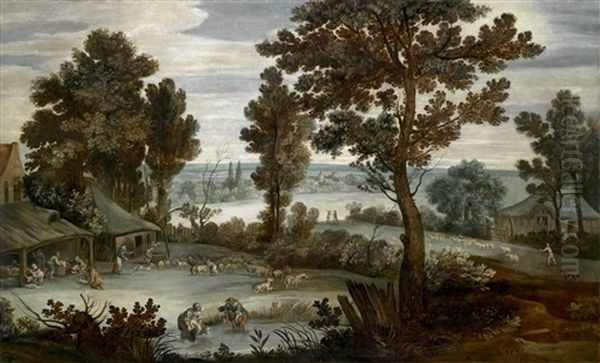 Eine Weite Flusslandschaft Mit Bauern Beim Schafscheren Oil Painting by Pietro Paolo Bonzi