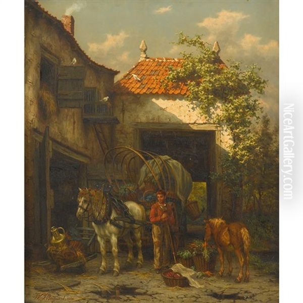 Stable Scene Oil Painting by Willem Jacobus Boogaard