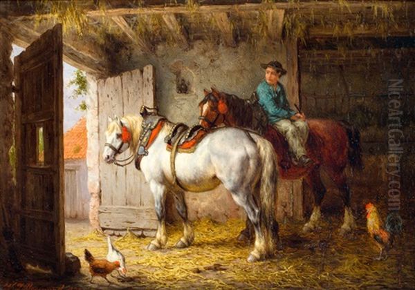 Boerenjongen Met Werkpaarden In Een Stal Oil Painting by Willem Jacobus Boogaard