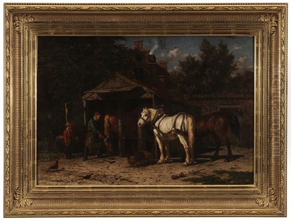 Horses Being Shod Oil Painting by Willem Jacobus Boogaard