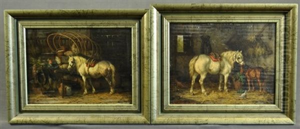 Grey Mare & Foal; Grey Mare With Man Loading Wagon (2 Works) Oil Painting by Willem Jacobus Boogaard