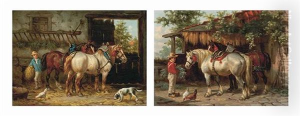 Feeding The Horses (+ The End Of The Day; Pair) Oil Painting by Willem Jacobus Boogaard