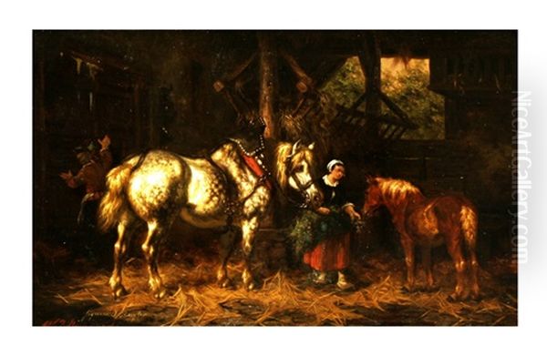 Feeding Horses In A Barn Oil Painting by Willem Jacobus Boogaard