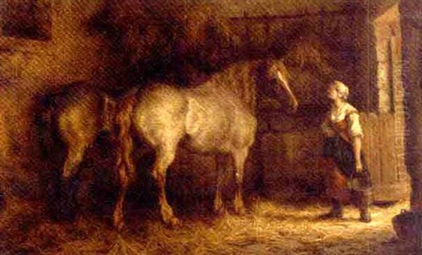 The Stable Girl Attending To The Horses Oil Painting by Willem Jacobus Boogaard