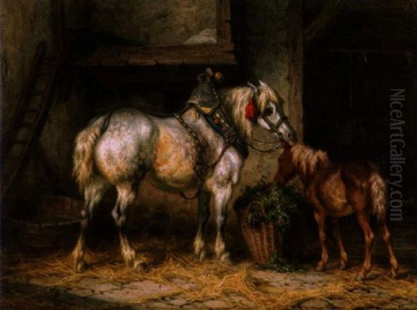 Apfelschimmel Und Fohlen Im Stall Oil Painting by Willem Jacobus Boogaard