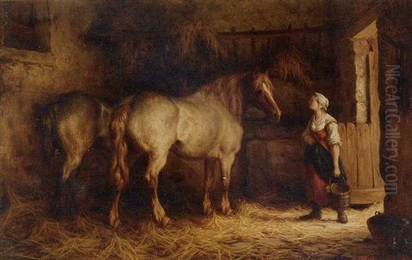 The Stable Girl Attending To The Horses Oil Painting by Willem Jacobus Boogaard