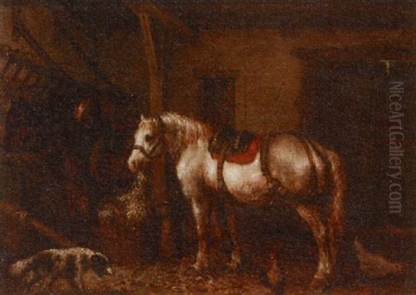 Stable Interior With Horses And A Dog by Willem Jacobus Boogaard