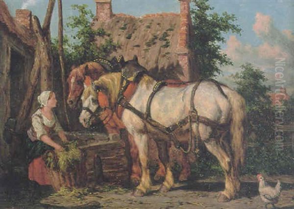 Feeding The Horses Oil Painting by Willem Jacobus Boogaard