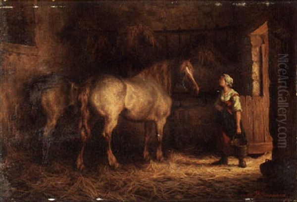 A Dutch Woman And Her Horses Oil Painting by Willem Jacobus Boogaard