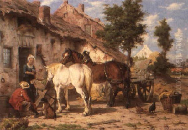 Resting Horses In A Farm Yard Oil Painting by Willem Jacobus Boogaard