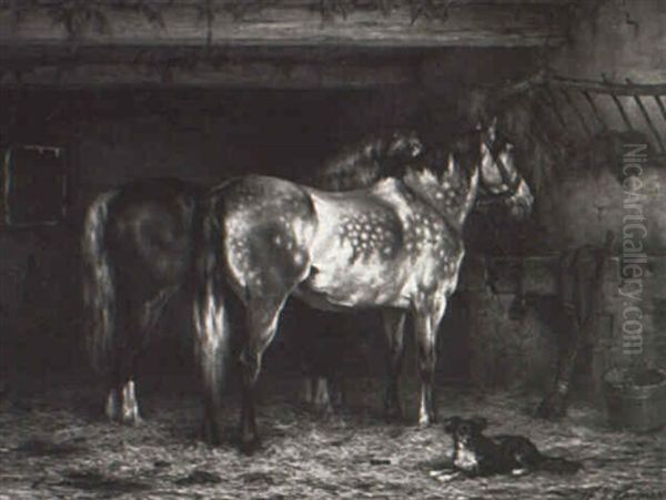 Stable Interior With Horses And A Dog Oil Painting by Willem Jacobus Boogaard