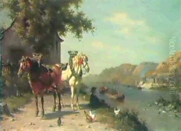 Paarden Aan De Rivier Oil Painting by Willem Jacobus Boogaard