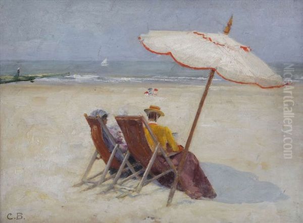 Vue D'une Plage Animee De Deux Femmes Sous Un Parasol Oil Painting by Karel Boom