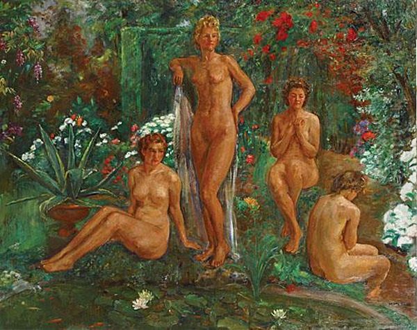 Baigneuses Aupres D'un Etang Oil Painting by Maria Aldernaght