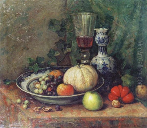 Still Life With Wine Glass, Vase And Fruit Dish Oil Painting by Karel Boom