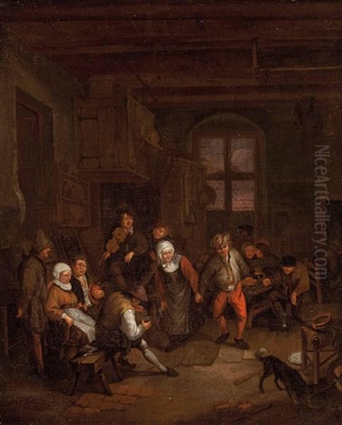 Interieur Mit Tanzendem Bauernpaar, Violinspieler Und Weiteren Personen Oil Painting by Daniel Boone