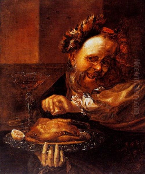 A Laughing Man Squeezing A Lemon Over A Roast Chicken Oil Painting by Daniel Boone