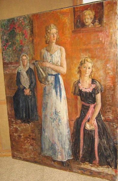 Binnengezicht Met Drie Vrouwen. Oil Painting by Maria Aldernaght