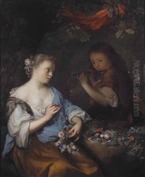 A Seated Young Woman Fashioning A Garland Of Flowers With A Boy Playing A Flute, In A Wooded Landscape by Arnold Boonen