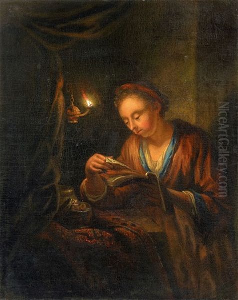 A Lady Reading By Candlelight Oil Painting by Arnold Boonen