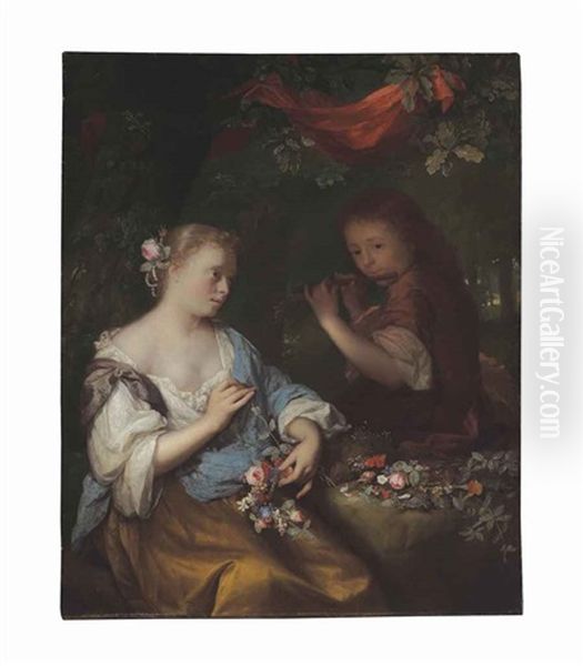 A Young Woman Making A Garland Of Flowers And A Boy Playing The Flute To Her In A Wooded Landscape Oil Painting by Arnold Boonen