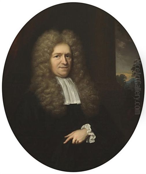 A Portrait Of A Gentleman, Half-length, Before A Pillar With A Landscape Beyond And A Portrait Of A Lady, Half-length, In White With A Blue Robe (pair) Oil Painting by Arnold Boonen