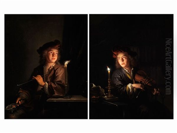 Knabe Mit Langer Meerschaumpfeife Vor Einem Kerzenlicht (+ Knabe Mit Einer Violine Bei Kerzenlicht; Pair) Oil Painting by Arnold Boonen