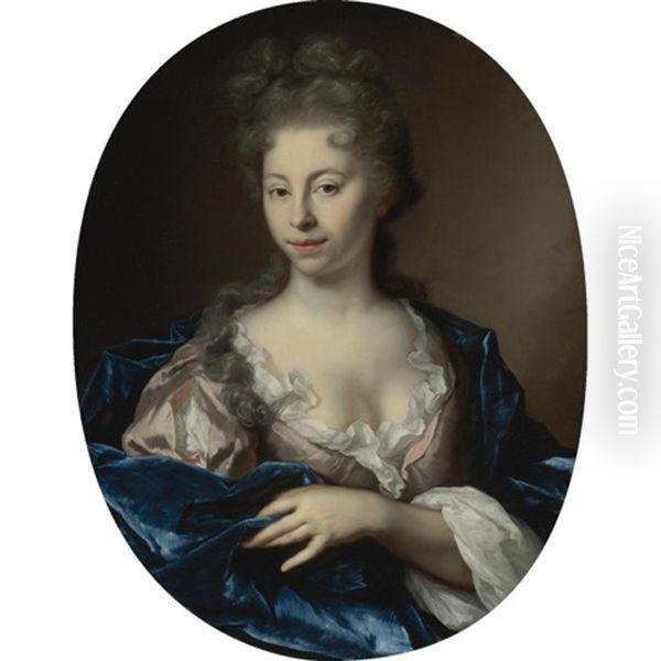 Portrait Of A Lady, Half Length, Wearing A Pink Dress With A Blue Wrap Oil Painting by Arnold Boonen