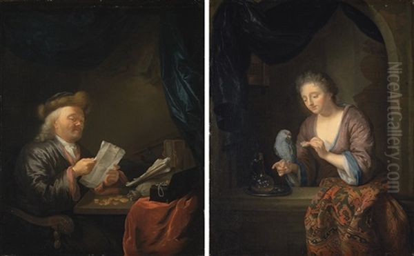 A Moneylender Reading A Letter At A Table (+ A Lady Feeding A Parrot; Pair) Oil Painting by Arnold Boonen