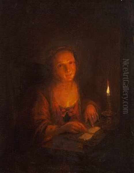 Interior With A Girl Reading By Candlelight Oil Painting by Arnold Boonen