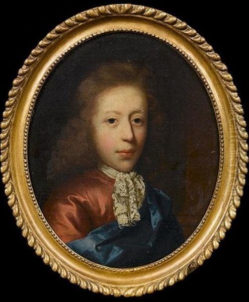 Portrait Of A Young Man In Red Costume With A Blue Silk Wrap And A White Lace Jabot Oil Painting by Arnold Boonen