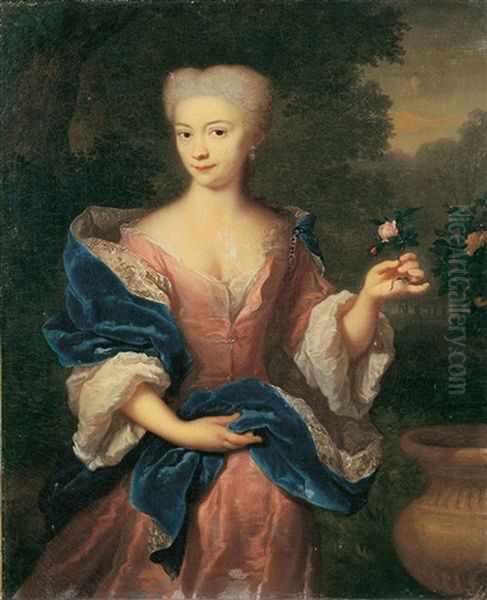 Bildnis Der In Einem Park Stehenden Anna Maria Calkoen, Geb. Muyssart (1703-1729), Die Eine Rose In Der Hand Halt Oil Painting by Arnold Boonen