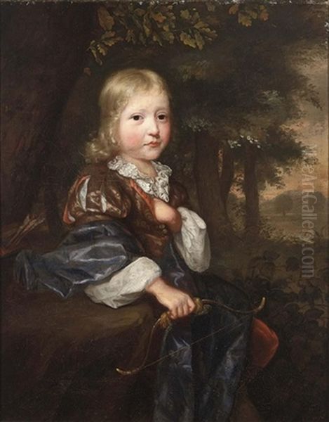 Portrait Of Adriaen Snouck Wearing A Satin Coat, Holding A Bow In His Right Hand, A Forest Landscape Beyond Oil Painting by Arnold Boonen