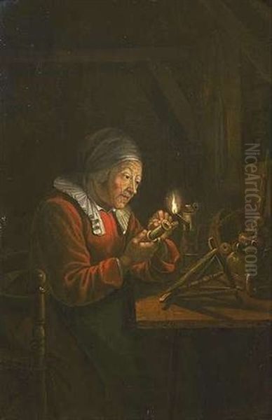 Alte Frau Mit Spindel Bei Kerzenschein Oil Painting by Arnold Boonen