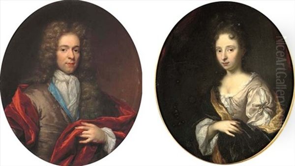 Portrait Of A Gentleman Wearing A Grey Jacket (+ Portrait Of A Lady Wearing A Grey Satin Dress With A Black Satin Shawl With Gold-coloured Lining; Pair) Oil Painting by Arnold Boonen