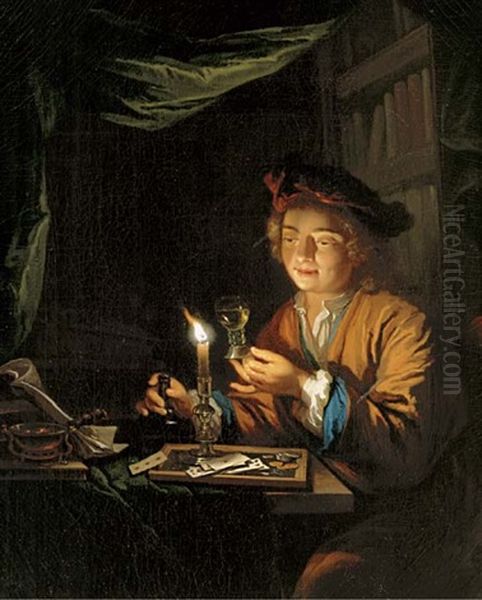 A Candlelit Interior With A Young Man Seated At A Table And Holding A Roemer Oil Painting by Arnold Boonen