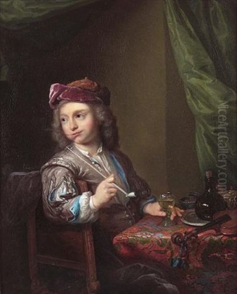 A Boy Seated At A Table Smoking A Pipe With His Hand Resting On A Roemer Oil Painting by Arnold Boonen