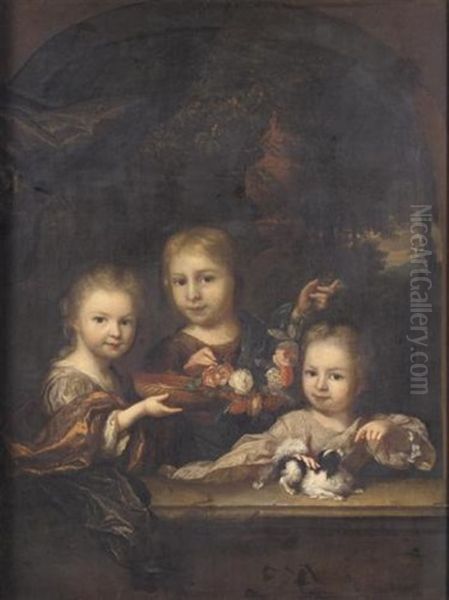 Portrait Of Three Children (joan, Agathea Lavina And Anna Elisabeth Geelvinck?), One Holding A Bowl, Another A Flower Wreath And The Smallest Stroking A Dog Oil Painting by Arnold Boonen