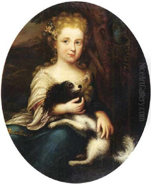 Portrait Of A Girl Wearing A Gold Embroidered Blue Dress With White Silk Wrap, Holdering Her Pet Dog Oil Painting by Arnold Boonen