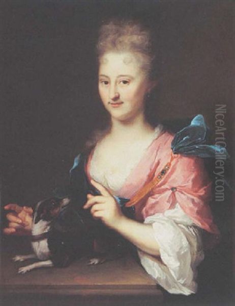 A Portrait Of A Lady Wearing A Pink And White Dress With A Blue Shawl, With A Dog On A Table Oil Painting by Arnold Boonen