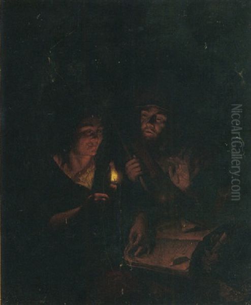 A Man And A Woman Studying A Book By Candlelight Oil Painting by Arnold Boonen