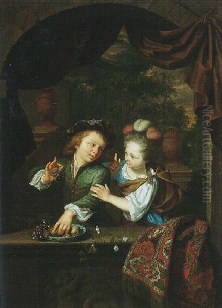 A Young Boy Taking Fruit From A Blue-and-white Porcelain Bowl And A Girl Rebuking Him Oil Painting by Arnold Boonen